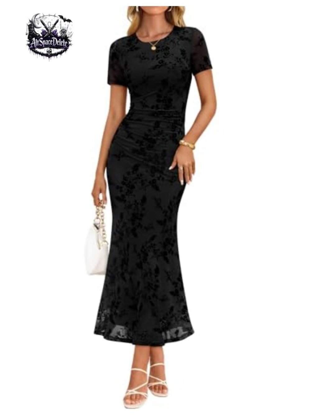 Floral Mesh Bodycon Maxi Dress Short Sleeve Crew Neck Formal